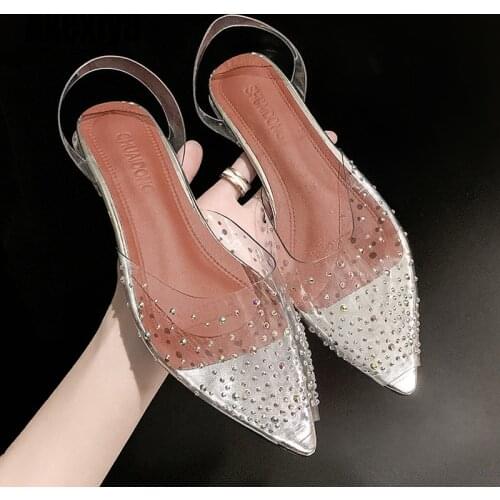 New PVC Transparent Women Pumps Sandals Crystal Mid Heels Pumps Rhinestone Pointed Toe Women Bridesmaid Wedding Shoes