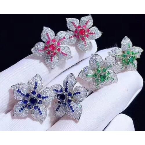 One pair red/blue/green zircon flower stud earrings FPPJ
