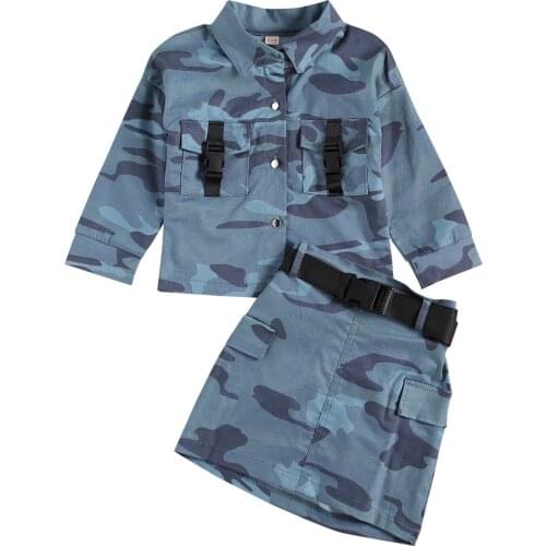 2-7Y Toddler Baby Girls Autumn Outfits, Camouflage Lapel Long-Sleeves Blouse + High-Waist Short Skirt 2Pcs Clothes Set