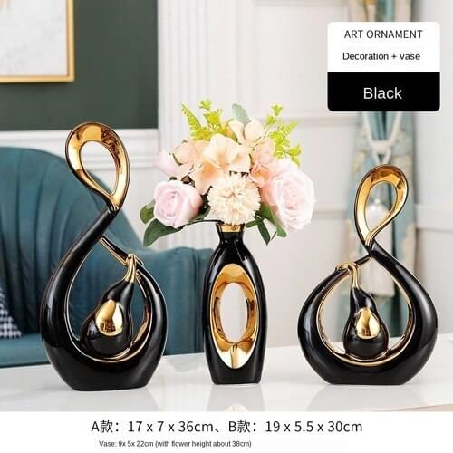 Modern Minimalist Abstract Art Gourd Black Gold Ornaments Vase Gold-plated 2 Pieces Set Wedding Gift Living Room Home Decoration