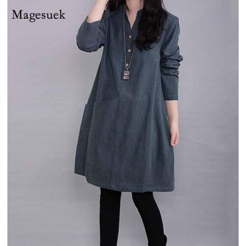 Linen Cotton Mid-length Loose Solid Button Splicing Long Sleeve Dress Autumn New Casual A-line Dress for Women Robe Femme 12676