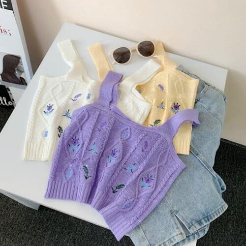 Women Flower Embroidery Knitted Crop Tops Elastic Camisoles Sexy Streetwear Tube Tops Womens Crop Tops Summer Camisoles