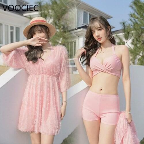 VOOCIEC Summer Woman Bikini Young Style Sexy Bathing 3 Suits Micro bikini Swimwears Floral Dress Bikini Swimsuit women