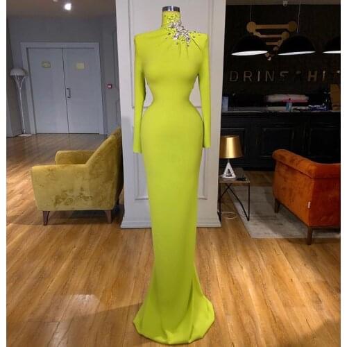 Green Evening Dresses with Crystal High Collar Long Sleeve Mermaid Prom Dress Party Wear Slim Robes De Soirée