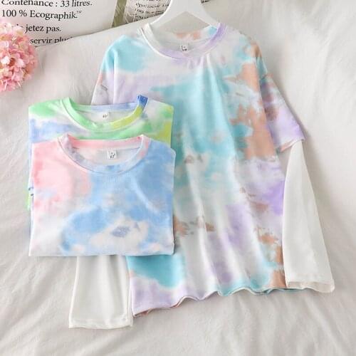 Tie Dye Womens T Shirt Autumn Long Sleeve Female T-shirts Casual Tee O-neck Loose Ladies Girls Tshirt Harajuku Women Long Tops