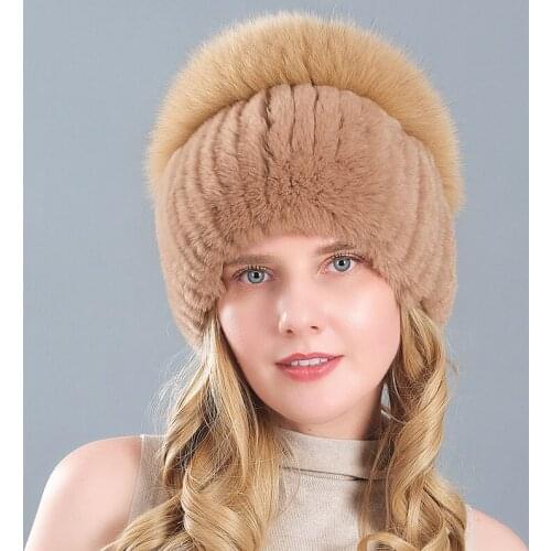 Russia New Style Women Real Genuine Fox Fur Beanies Hat Girls Natural Real Rex Rabbit Fur Skullies Cap Knit Winter Real Fur Hats