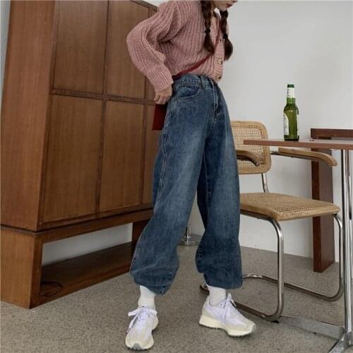 Korean Fashion style Women jeans 100% Cotton Straight Wide leg pants Oversize Loose Long jeans Casual female jean high quality