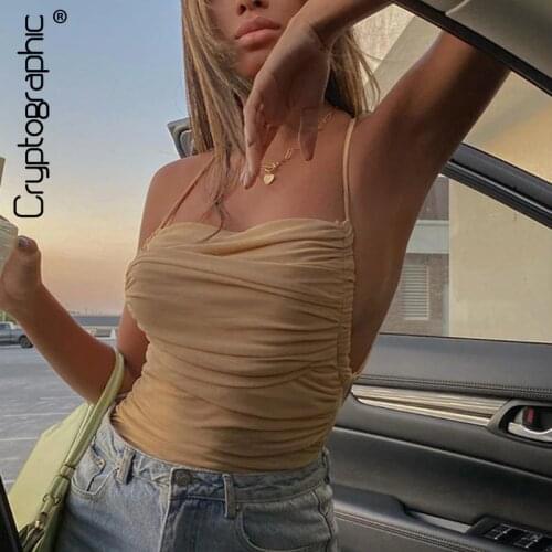 Cryptographic Sleeveless Chic Fashion Mesh Ruched Halter Bodysuit Women Female Tie Up Backless Body Suit Feminino Top Streetwear