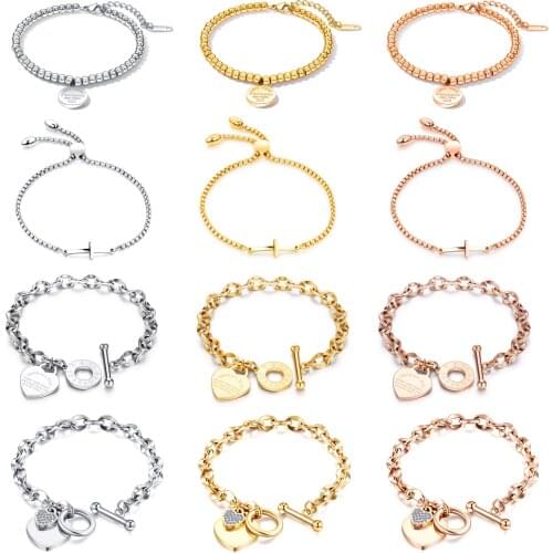 Women Bracelet Charm Heart Round Cross Pendant Chain Stainless Steel Rose Gold Color Jewelry Gift For Girl