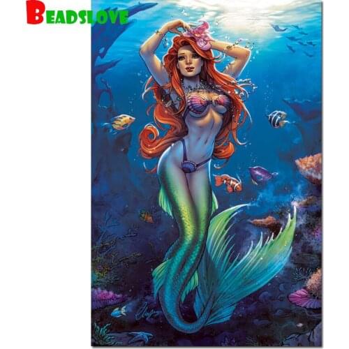 Embroidery Mermaid girl and fish diamond Painting full square round drill Mosaic Cross Stitch big eyes girl Home Decor Gift