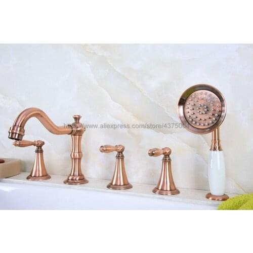 Antique Red Copper Bathtub Faucet 3 handle 5 hole Bathroom Faucet Set Rainfall Shower Hand Basin Hot Cold Mixer Tap Ntf218