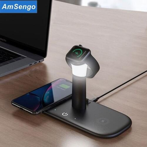 Amsengo 15W Qi Fast Wireless Charger For iPhone 12 Apple Watch 3 in 1 With Light Lamp Charging Dock Station for Airpods Pro