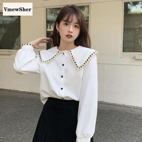 VmewSher New Spring Patchwork Women Shirt Peter Pan Collar Long Sleeve Summer Female Fashion Sweet Plain Buttons Blouse Tops