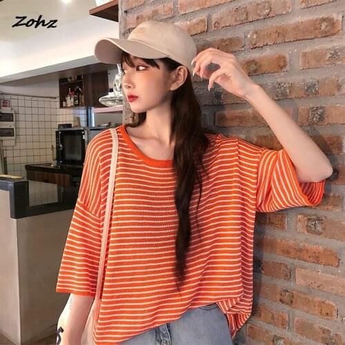 Large ice silk T-shirt womens summer 2021 New Short Sleeve Striped T-shirt loose inside with split elastic force top