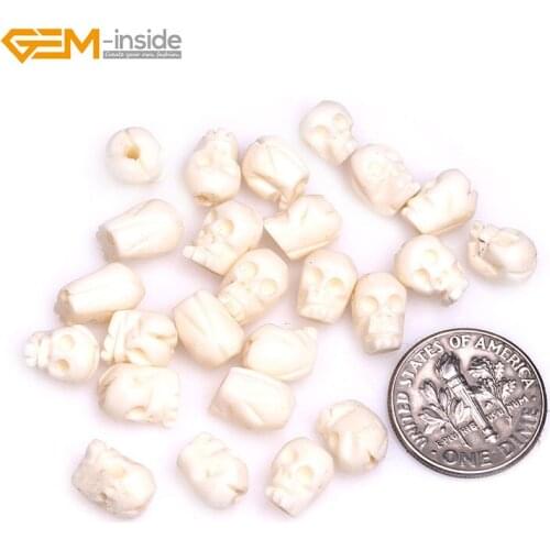 Gem-inside 7x8mm Natural Carved Antique Bone Skull Beads For Halloween Jewelry Making Decoration Sphere Bulk 25pcs DIY