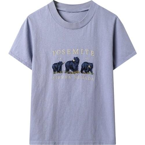 Oversize Girls Soft Cotton Vintage T-shirt 2021 Fashion Ladies Office Straight Women Washed Blue Three Bears Embroidered T-shirt