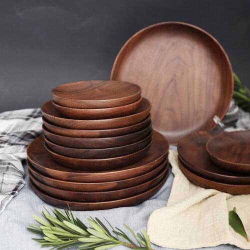 Kitchen Tableware Bread Butter Plates Japanese style Solid Wood Round Fruit Salad Bread Dessert Dish Bowl Tray