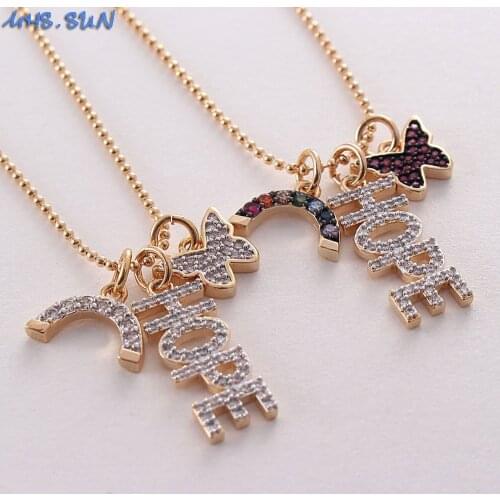 MHS.SUN Luxury 5A Zircon Butterfly Hope Rainbow Pendant Chain Necklace Fashion CZ Women Girls Choker Jewelry Gold Color