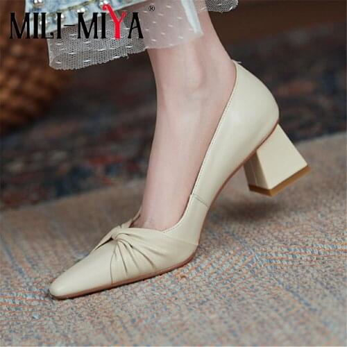 MILI-MIYA Fashion Women Full Genuine Leather Solid Color Pumps Round Toe Thick Heels Office Career Shoes Size 34-41 For Ladies