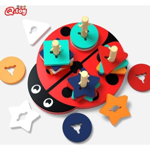 Montessori Early Education AIDS Four Sets of Column Block Puzzle Geometric Shape Matching Sorting Beetle Column Set Wooden Toy