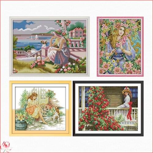Joy Sunday Beauty And Flowers Cross Stitch Kit DIY Pattern Embroidery Kit 11CT 14CT Needlework Sewing Kit Home Deco Painting