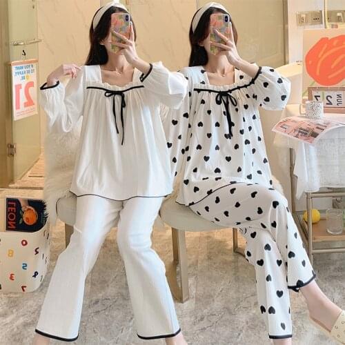 2021 Autumn Long Sleeve Cotton Pajama Sets for Women Korean Sleepwear Suit Pyjamas Homewear Loungewear Pijama Mujer Home Clothes
