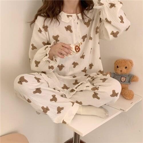 Autumn winter korean chic cartoon kawaii bear pajama set women homewear 2 piece set long sleeve pullover pants cotton crepe L387