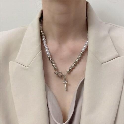 Origin Summer Beaded Simulation Pearl Cross Pendant Necklace for Women Girls Asymmetry Rhinestone Toggle Clasp Necklace Jewelry