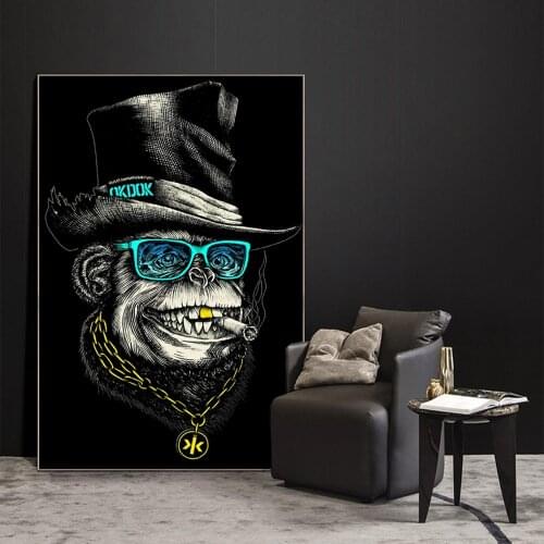Black Hat And Golden Necklace Funny Smoking Monkey Poster And Print Canvas Painting On Wall Art Animal Picture Modern Home Decor