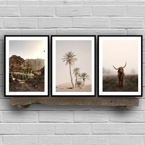 Palm Desert Landscape Poster Nordic Style Foggy Cow Animal Print Wall Decor Art Picture Canvas Painting Scandinavian Home