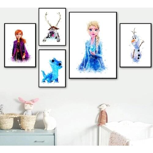 Disney Movie Frozen Poster Princess Anna & Elsa Olaf Sven Kristoff Bruni Salamander Canvas Painting and Prints Kids Room Decor