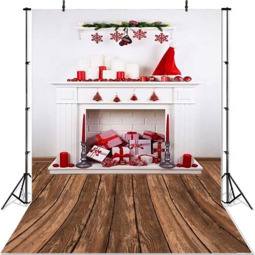 Christmas Photography Background Fireplace Gift Candle Children Party Wooden Floor Backdrop Decoration Banner For Photo Studio