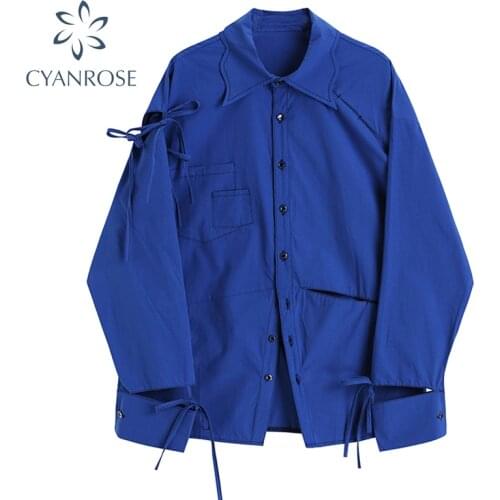 Fashion Designer Womens Blouse Blue 2021 Spring Korean Oversize Streetwear Long Sleeve Turn Down Collar Female Shirt Tops