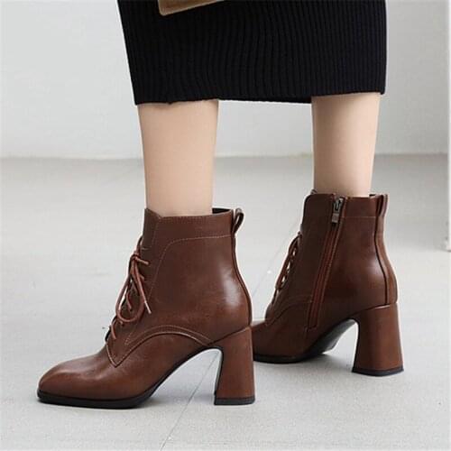 2021 Autumn Winter Boots fashion Thick Heels Women Zip Ankle Boot Female Square Toe Ladies Pu Casual Shoes Big Size 34-45