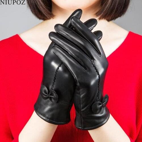 Female Genuine Leather Sheepskin Butterfly Knotl Gloves Bow Real Leather Women Mittens Lady Winter Thick Warm Driving Glove G198