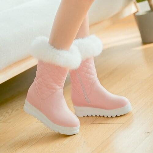 Waterproof Snow Boots Women Winter Warm Plush Flat Heels Mid Calf Boots Slip On Platform Ladies Shoes Black White Pink Big Size