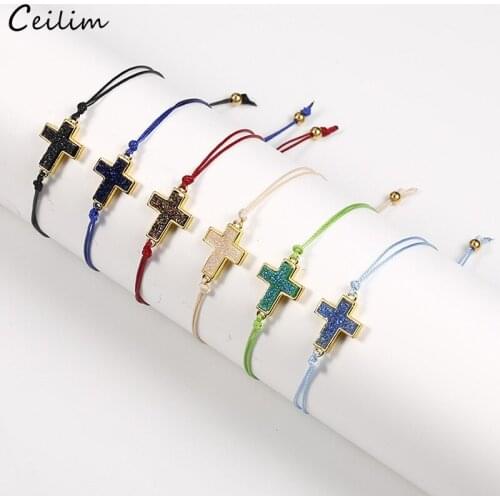 Handmade Cross Charm Resin Crystal Druzy Bracelet for Women Adjustable Lucky Red String Rope Bracelets Jewelry Best Friend Gifts
