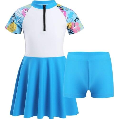 4-14Y Kids Girls Swimming Suit Summer Short Sleeves Swimming Dress with Shorts Set Childrens Beach Swimwear 2021 Bathing Suits