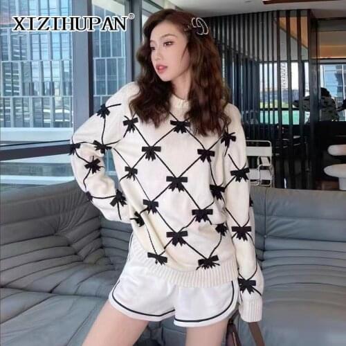 XIZIHUPAN White Patchwork Bowknot Sweater For Women Round Neck Long Sleeve Colorblock Loose Woman Sweaters 2021 Clothing New