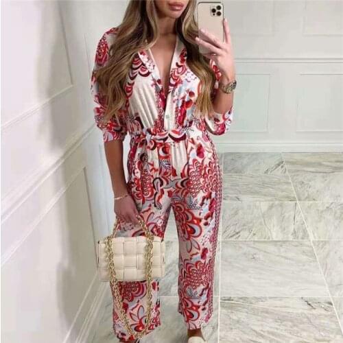 PUWD Vintage Woman Red Print Sashes Jumpsuits 2021 Spring Casual Female High Waisted Jumpsuit Ladies Floral Beach Rompers