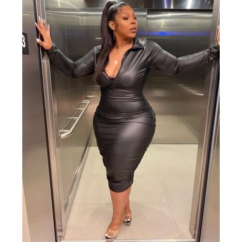 Plus Size 4XL Autumn Winter Black PU Leather Ruched Dress Women Elegant Long Sleeve V-neck Bodycon Skinny Faux Leather Dresses