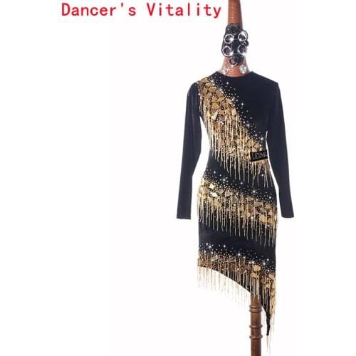 Latin Dance Competition Clothing Long-sleeve Halter Gold Glitter Dress Women Custom Professional Performance Dance Clothes