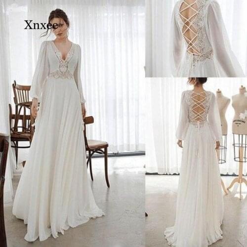 Women Spring Lace Up V Neck Backless Dress New Sexy Elegant Long Sleeved Hollow Bandagg Wedding Bride Bridesmaid Beach Dresses