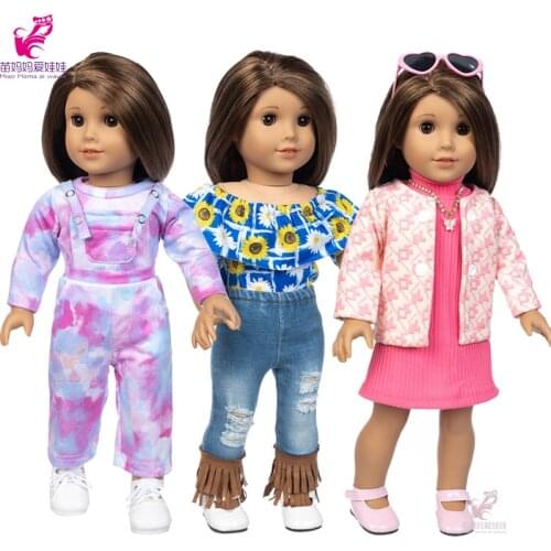 18 Inch Girl Doll Clothes Jeans Pants Overall Set Baby Doll Clothes Pink Coat Dress Baby Girl BIrthday Gift
