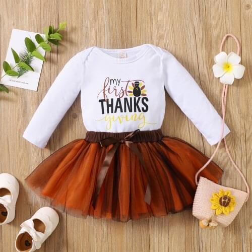 2Pcs My First Thanksgiving Outfits Infant Baby Girl Long Sleeve Turkey Letter Printed Bodysuit Top + Tutu Skirt Set