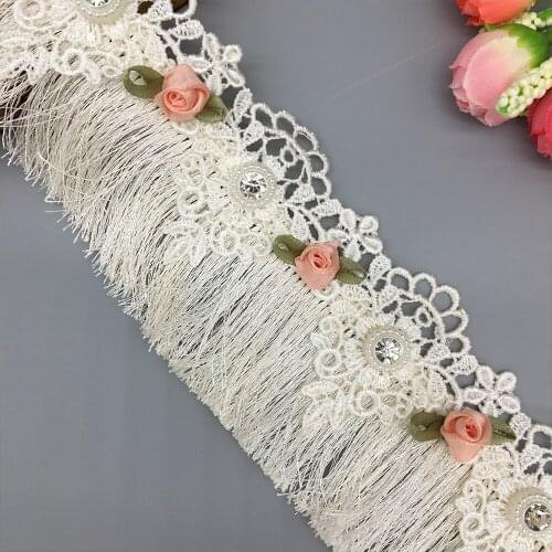 20pcs Diamond Rhinestone Apricot Fringe Tassel Lace Trim Flower Embroidered Ribbon Fabric Sewing Craft Dress Accessories 62mm