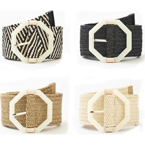 2021 Fashion Bohemian Style Knitted Ladies Belt Octagonal Round Plastic Buckle Casual Dress Coat Woven Waistband