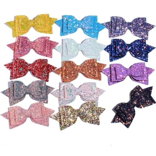 60PCS 13CM 5'' Boutique Glitter Synthetic Leather Bow Clip Messy Sequin Bow Knot Various Color Girl Headwear Hair Accessories