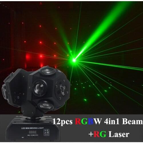 Free Shipping 12Pcs Double Arms Moving Head Beam Light with RG Laser DJ Lights DMX RGBW Full Color Effects for Disco Xmas Party