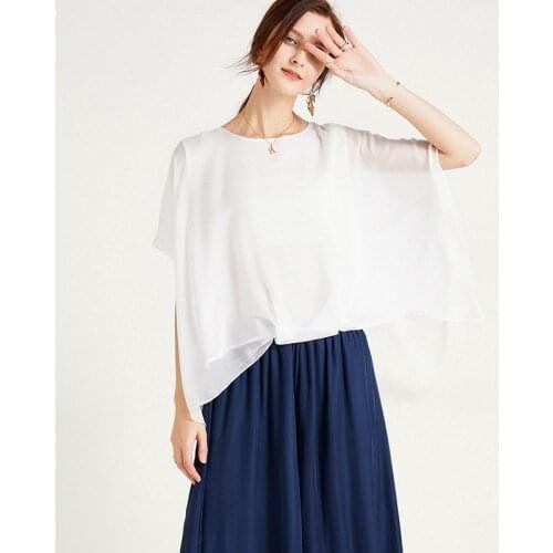 Large Size Loose Women Summer Solid Color Silk Shirt Bat Sleeves Round Neck Casual Tops Mesh Stitching 2021Female Fashion Blouse